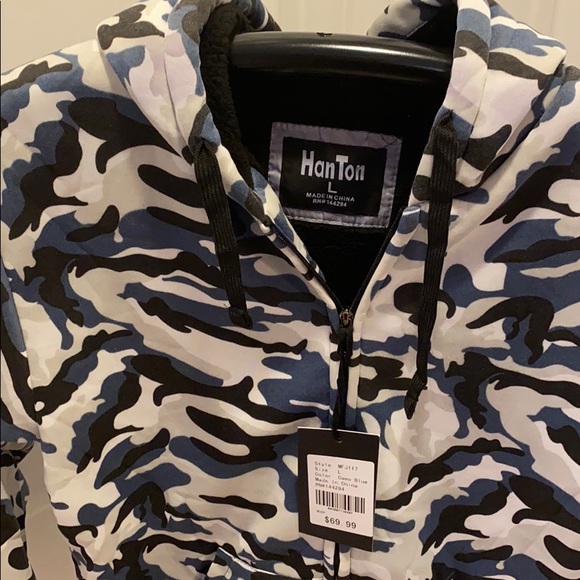 Han Ton Camo Blue Sherpa Hoodie Sweatshirt/New - Picture 2 of 4